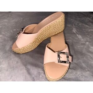 Stuart Weitzman Pink Leather Crystal Buckle Espadrille Wedge Sandals 7.5 (38)